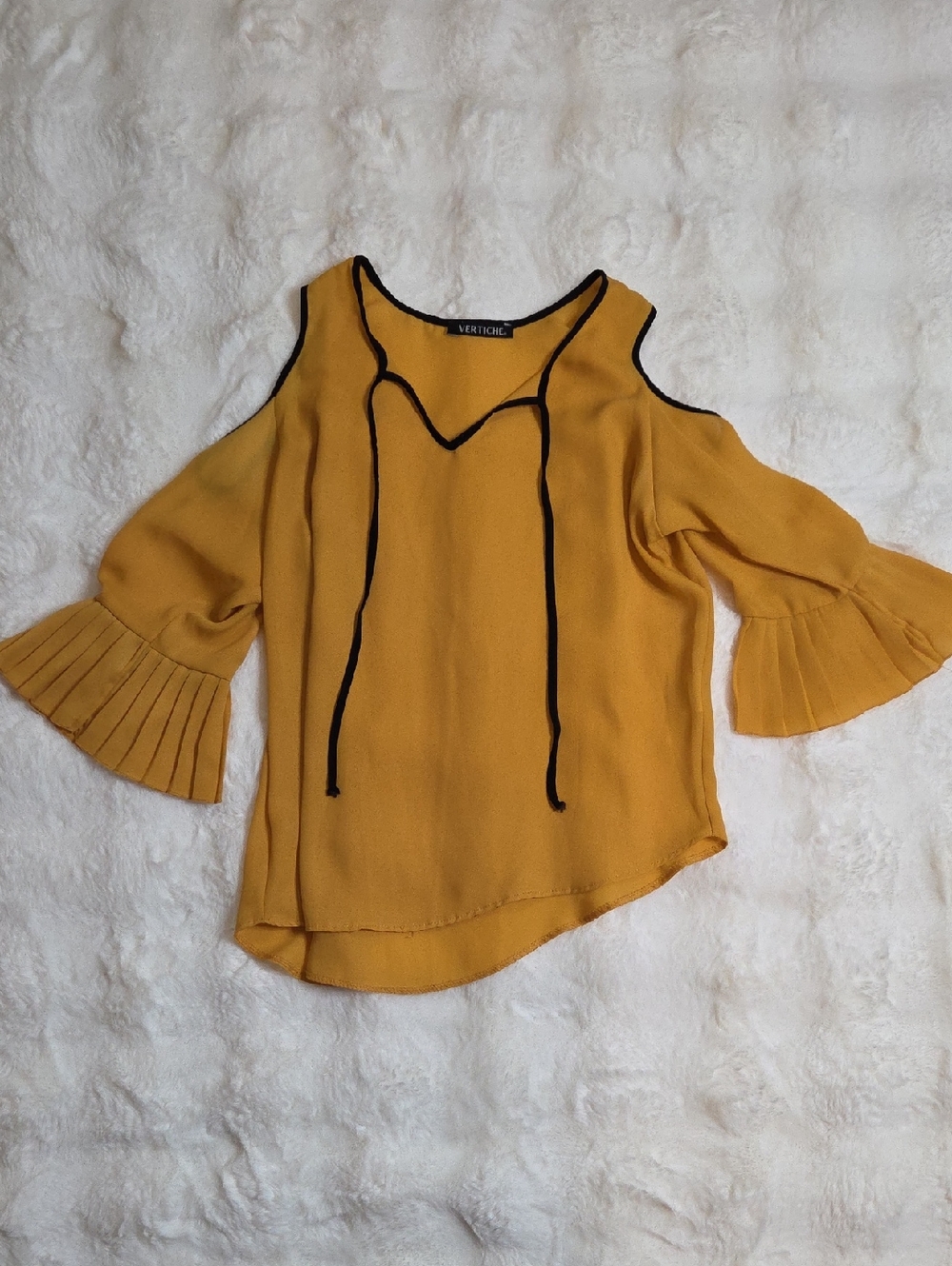 Mustard Cold-Shoulder Blouse with Pleated Bell Sleeves